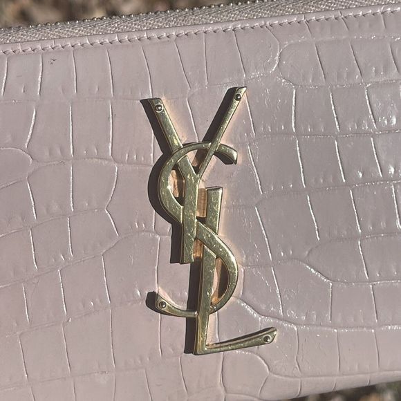 Auth Saint Laurent Round Zipper Long Wallet Croco Embossed YSL Logo Gold - Picture 4 of 12